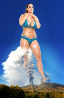 breasts giantess collage mega swimsuit cleavage brunette legs volcano smoke clouds sky tattoo looking_at_viewer captain_rand alison_tyler