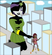 drawing gentle giantess size_difference city mega black_hair color blue_eyes handheld purple_eyes multiple_sizes giganta red_hair ponytail skyscraper giantesses wonder_woman belt white_skin dc_comics shrinking_violet legion_of_superheroes flower_in_hair hair_streak