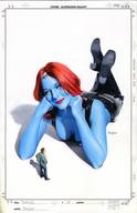 drawing clothed cleavage high_heels red_hair lying_down blue_skin shrunken_man looking_down standing top x-men legs_crossed mutant leather_pants skull mystique shortpack marvel_comics mayhew