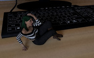 clothed barefoot green_hair sitting shrunken_woman desk sweater keyboard digital_render stretch_pants
