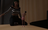 long_hair clothed high_heels brunette multiple_sizes green_hair kneeling belly shrunken_woman looking_down standing desk sweater belt digital_render stretch_pants minidress