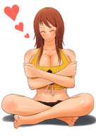 drawing gentle color long_hair barefoot cleavage breast_crush brunette love sitting navel belly shorts shrunken_man hugging top オレンジ orenji