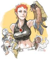 drawing colossus green_eyes gloves red_hair short_hair mini_giantess storm beast dark_skin earrings top belt x-men wolverine jean_grey cyclops marvel_comics bare_midriff iceman