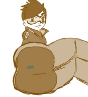 drawing monochrome butt glasses butt_crush looking_down shrunken_person sleepycoffin overwatch tracer_(overwatch)