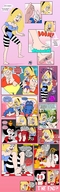 drawing giantess crush feet blonde comic color blue_eyes licking toes barefoot crown queen cartoon alice_in_wonderland cheshire_cat tickle hairband white_rabbit queen_of_hearts