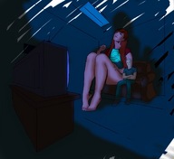 drawing small_man barefoot red_hair mini_giantess legs tv sofa watching