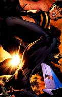 breasts drawing giantess mega black_hair color butt gloves asian airplane looking_down pants costume top janet_van_dyne marvel_comics the_wasp bare_midriff betty_ross nick_fury ultimates