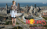 giantess collage city ocean high_heels smiling dress jets skyscraper giantessbuster209 lily_james ariel_view cleveland