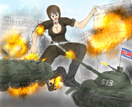 drawing giantess city color destruction cleavage brunette military tank fire fighting yamumil