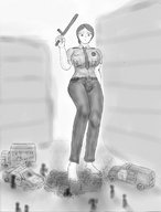 breasts drawing giantess city mega monochrome destruction barefoot buildings huge_breasts police foot_crush vehicles yamumil police_officer