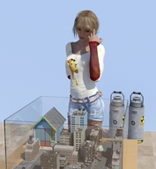blonde shrunken_woman looking_down trapped vehicles shrunken_city runswithferrets looking_at_tiny digital_render canisters