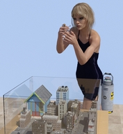 micro blonde handheld finger buildings multiple_sizes hand palm shrunken_woman shrunken_man runswithferrets looking_at_tiny digital_render caretakers city_block