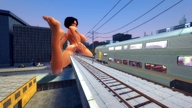 breasts giantess nude city black_hair destruction huge_breasts train looking_back digital_render telehypnotic