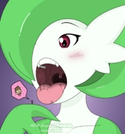 drawing gentle pokemon vore blushing color tongue red_eyes gardevoir shrunken_man open_mouth imminent_vore gizmochinasa one_eye_covered