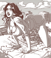 drawing giantess city monochrome destruction cleavage crawling hand_crush angelgts between_breasts