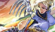 drawing wings city blonde color large_breasts butt skyscraper looking_back mega_gaintess overwatch mercy_(overwatch)