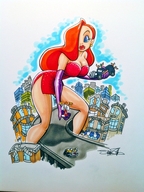 breasts drawing giantess mega color handheld rampage cleavage gloves red_hair dress parody cartoon highway jessica_rabbit straddling disney source_needed attack_of_the_50_foot_woman bare_legs roger_rabbit