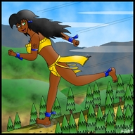 drawing giantess black_hair color barefoot green_eyes mountains forest looking_back trees hanging_on blcksheep
