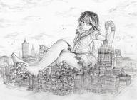 drawing giantess feet city monochrome destruction toes barefoot skirt soles butt_crush touhou sitting