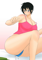drawing giantess blushing cleavage sweat hand legs looking_at_tiny