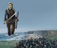 giantess mega blonde destruction beach sword water military walking mountains point_of_view ships horses shield chain_mail vikings
