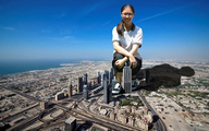 collage city mega glasses asian ponytail skyscraper crouching looking_at_viewer