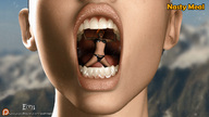 vore tongue mouth teeth handheld saliva hand shrunken_woman throat open_mouth dangle soft_vore set between_fingers manicure looking_at_tiny emi digital_render