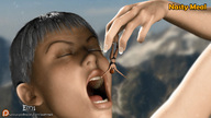 vore tongue mouth teeth handheld saliva hand shrunken_woman throat open_mouth dangle soft_vore set between_fingers manicure looking_at_tiny emi digital_render nasty_meal