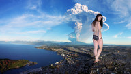 panties city mega black_hair long_hair destruction barefoot water blood topless foot_crush volcano walking foot_print point_of_view looking_back raised_foot