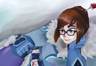 drawing gentle giantess color finger glasses brunette brown_eyes gloves lying_down overwatch soldier_76 gtsleuth mei_(overwatch)