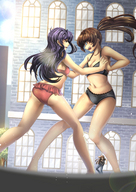 breasts drawing giantess panties city mega color large_breasts butt bra purple_hair brunette underwear ponytail fighting shrunken_man skyscraper giantesses