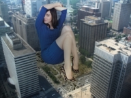 giantess collage city high_heels buildings dress sitting aerial_view looking_at_viewer intershrinker aubrey_plaza