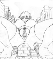 drawing giantess insertion nude pussy blushing monochrome large_breasts butt destruction traffic anime unknown_artist lineart