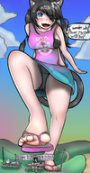 giantess panties feet upskirt black_hair blue_eyes skirt smiling sandals foot_crush walking unaware cat_girl party birthday flip_flops black_bra black_panties lilly mspaintgts