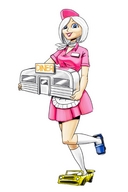 breasts drawing giantess white_hair mega color blue_eyes skirt buildings socks ginormica short_hair vehicles waitress hat monsters_vs_aliens apron roller_skates diner no_background bare_legs susan_murphy dreamworks