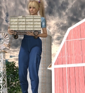 gentle giantess blonde long_hair clothed handheld farm barn ponytails working clouds trees windmill digital_render silo hay_wagon