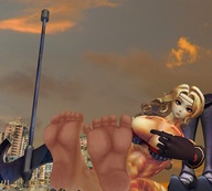 giantess city butt destruction barefoot bra gloves sitting muscles vehicles looking_at_viewer digital_render carcrushlover dragons_crown amazon_(dragons_crown) halberd