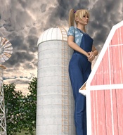 gentle giantess blonde long_hair farm barn overalls ponytails standing clouds windmill digital_render silo