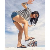 giantess glasses smiling scared sandals short_shorts looking_up tattoo shirt raised_foot perspective imminent_foot_crush raised_arms