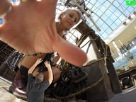 collage blonde boots unknown_artist hand palm reaching shrunken_man grabbing looking_at_tiny