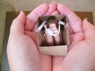 collage handheld barefoot brunette shrunken_woman box looking_at_tiny dollman