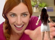 collage green_eyes brunette reaching shrunken_woman looking_at_tiny cariwebo