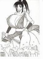 drawing giantess city monochrome destruction clothed cleavage anime huge_breasts nao