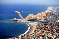 giantess collage mega blonde large_breasts swimsuit beach barefoot ocean buildings topless wonderslug lying_down hand boats manicure jordan_carver