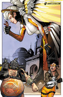 drawing giantess mega color handheld ponytail giantessfan looking_at_tiny overwatch soldier_76 roadhog mccree mercy_(overwatch) tracer_(overwatch)