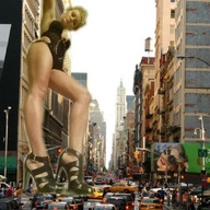 giantess collage city blonde high_heels traffic unknown_artist sandals looking_down vehicles thighs crowds source_needed looking_at_tiny