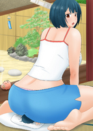 drawing panties color barefoot short_hair amazon shorts facesitting sat_on looking_back top smothering mouth_open オレンジ orenji piggybank