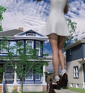 gentle giantess clothed high_heels dress standing houses digital_render