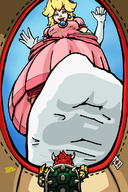 drawing giantess feet blonde color clothed princess_peach smiling in_shoe socks gloves dress foot_crush nintendo bowser yellowfeather point_of_view imminent_crush looking_at_tiny