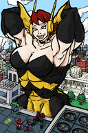 breasts drawing giantess city mega color clothed cleavage buildings brunette smiling posing muscles abs costume yellowfeather ant-man strong heroes muscle_growth iron_man hulk captain_america superheroes janet_van_dyne marvel_comics the_wasp giant-man hank_pym